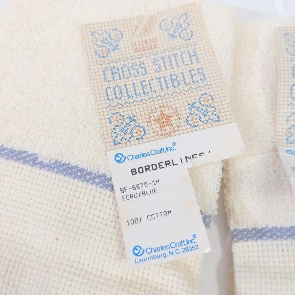 Vtg Charles Craft Cross Stitch Fingertip Towels Ecru Blue Borderlines 2pc USA